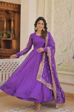 Thumbnail for Aastha Fashion Women's Purple Russian Silk Kali Pattern Work in Flair Anarkali Dress with Dupatta - Distacart