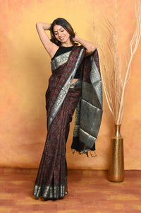 Thumbnail for Very Much Indian Modal Silk Ajrakh Handblock Printed Natural Dyes With Designer Border Saree - Dark Maroon - Distacart