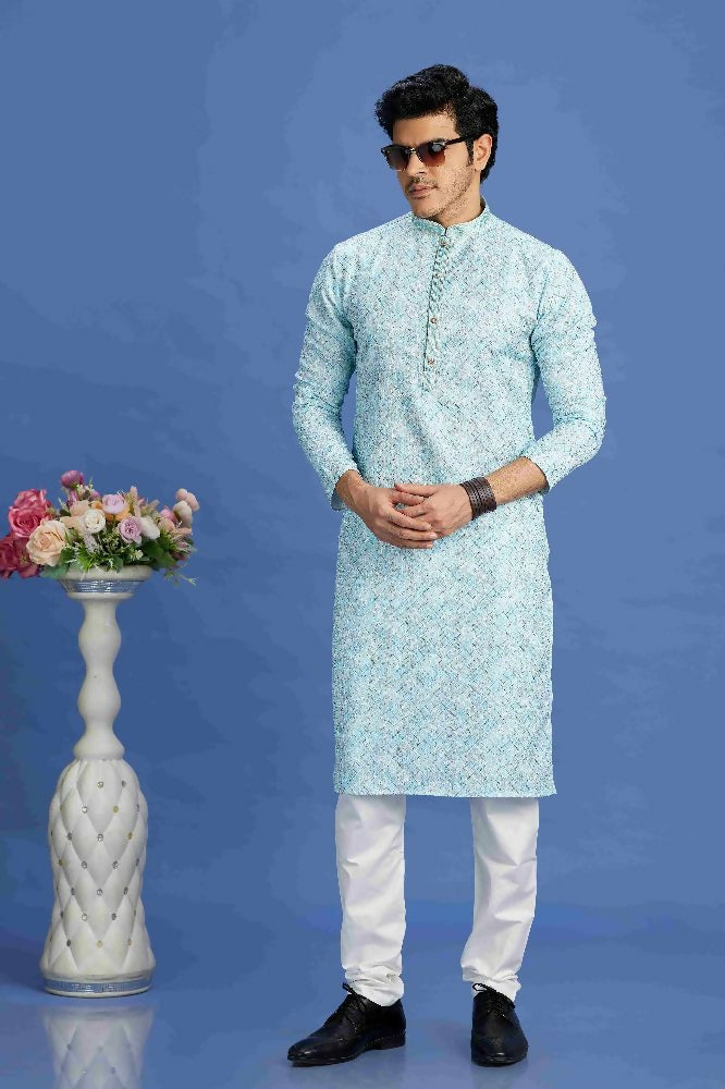 Raivat Ethnic Cotton Embroidery Kurta Pajama In Sky Blue Colour - Dista