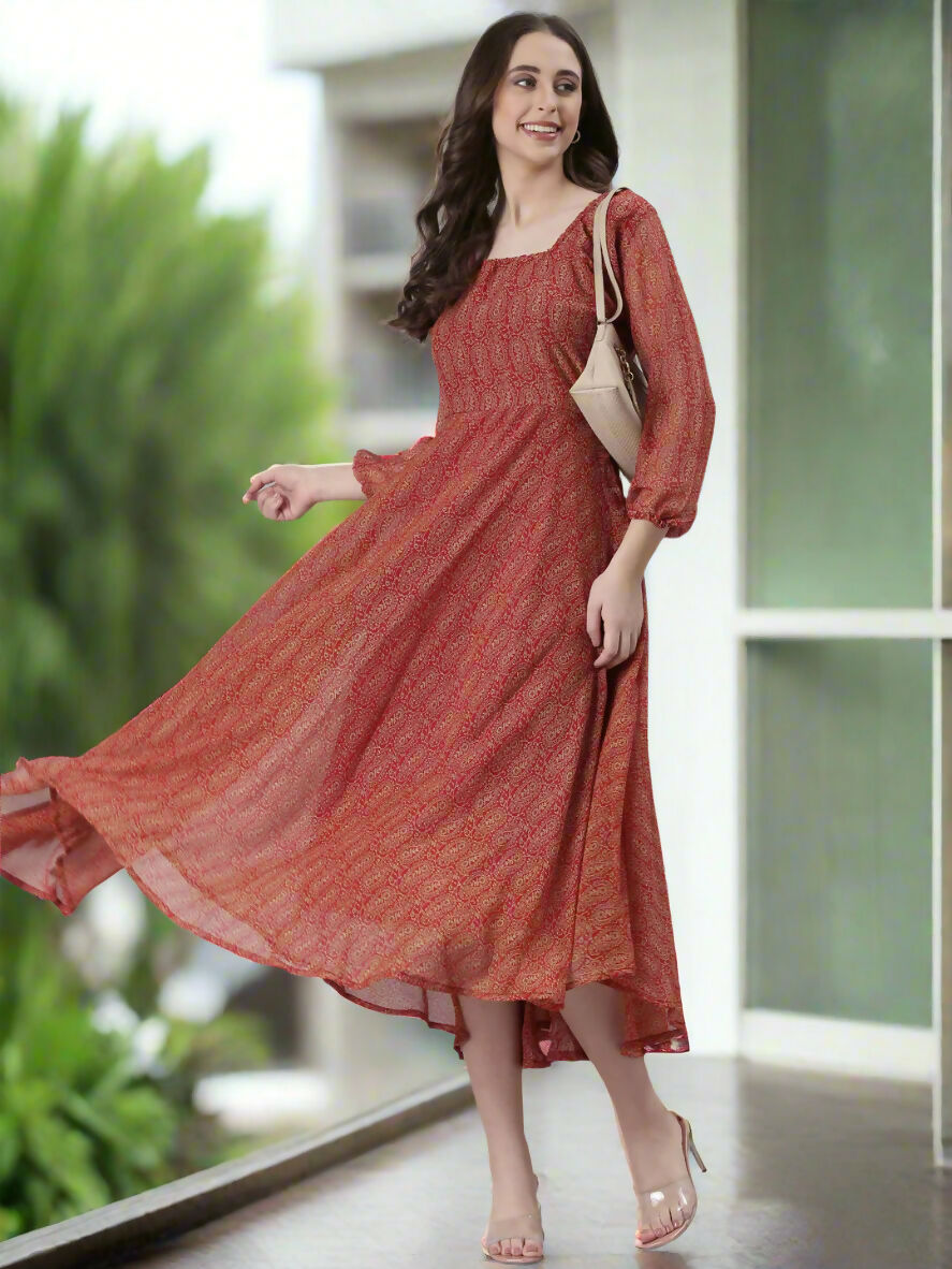 Souchii Rust Orange Printed Fit & Flare Dress