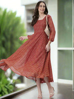 Thumbnail for Souchii Rust Orange Printed Fit & Flare Dress