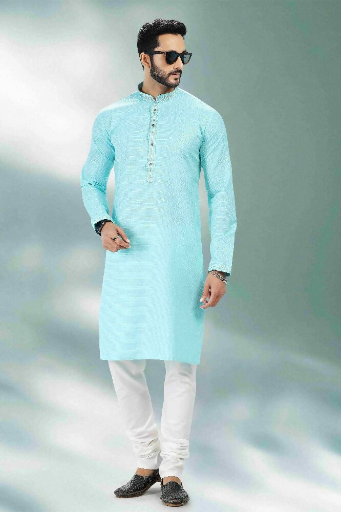 Raivat Ethnic Linen Cotton Pintux Work Kurta Pajama In Sky Blue Colour - Dista