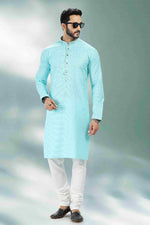 Thumbnail for Raivat Ethnic Linen Cotton Pintux Work Kurta Pajama In Sky Blue Colour - Dista