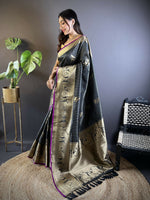 Thumbnail for Joban Fashion Black Striped With Floral Motifs Soft Silk Leheriya Saree