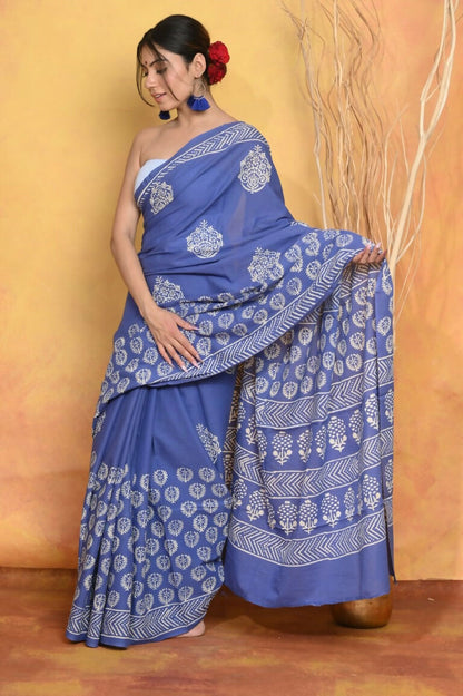 Very Much Indian Pure Cotton Handblock Printed Saree - Blue - Distacart
