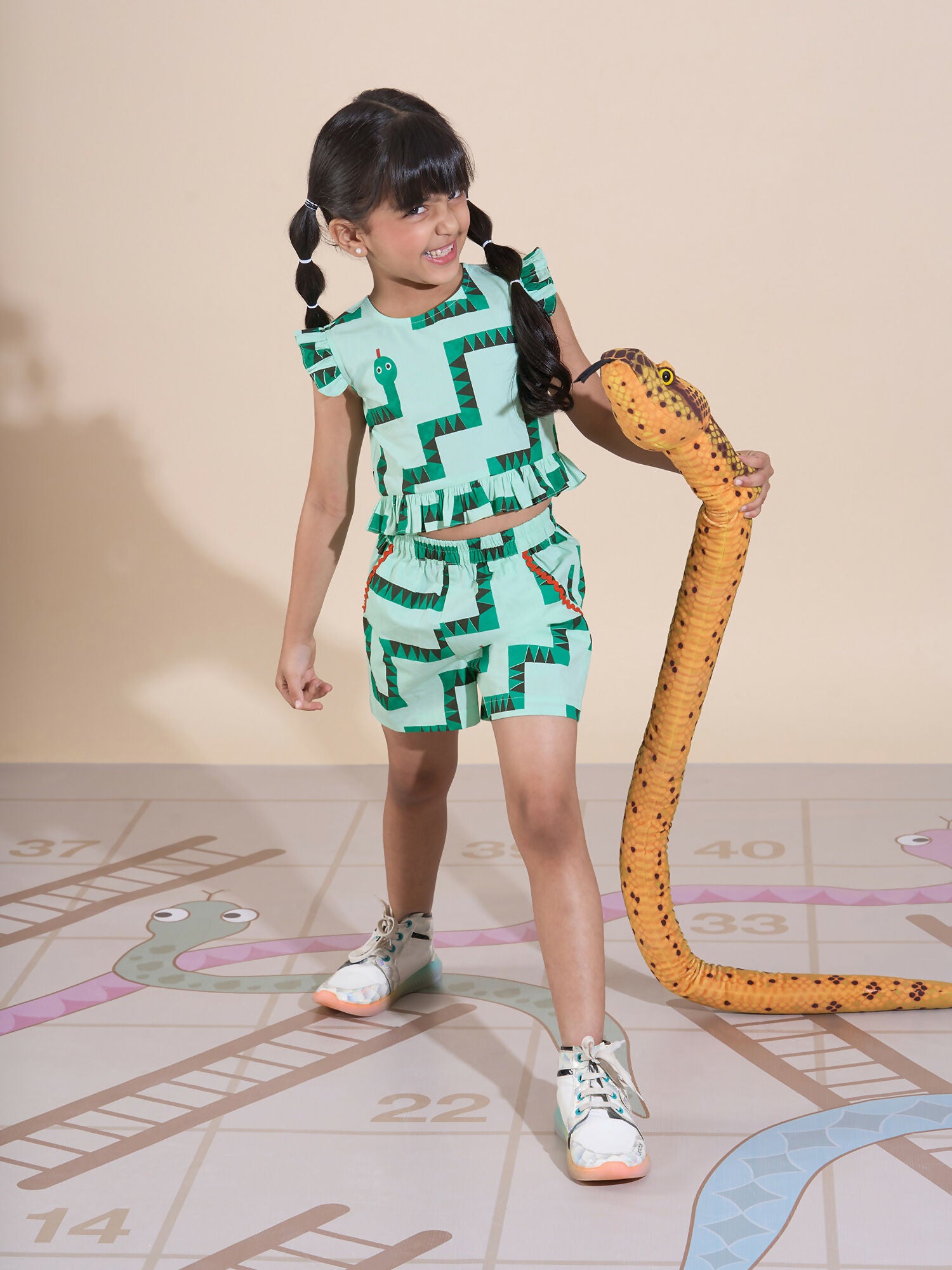 Snakes and Ladders Girls Green Table Print Top and Shorts Sets from Siblings Collection - Distacart