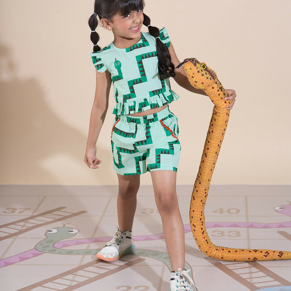 Snakes and Ladders Girls Green Table Print Top and Shorts Sets from Siblings Collection - Distacart