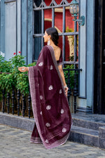 Thumbnail for Vastranavya Wine Embroidery Work Shimmer Chiffon Saree with Unstitched Blouse