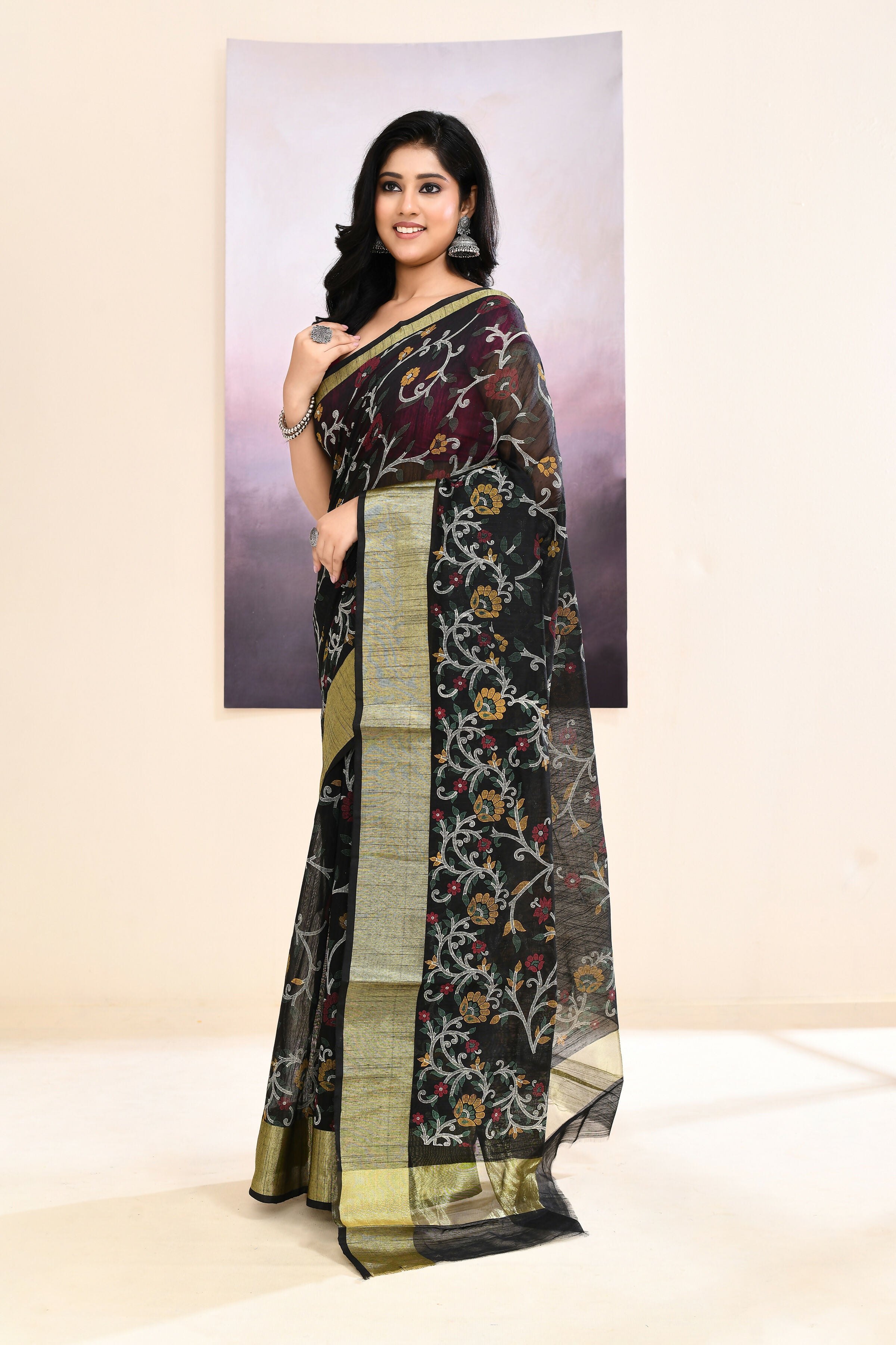 Piyari Fashion Women's Black Embellished Cotton Blend Printed Saree - Dista