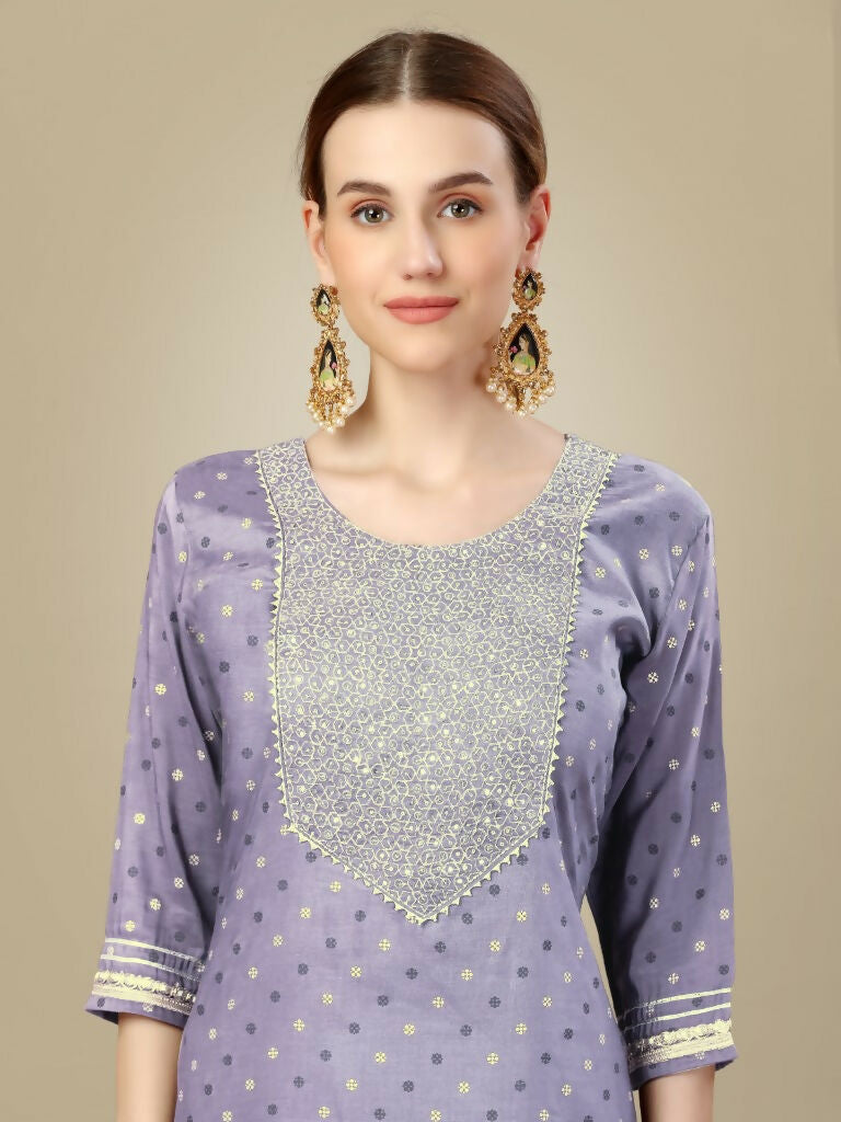 Jyoti Fashion Women's Lavender Silk Blend Embroidery & Sequence work Kurta with Trouser & Dupatta - Distacart