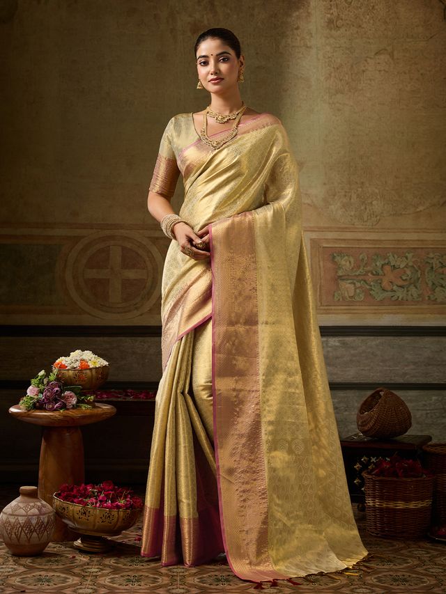 Shree Shyam Fashion Woven Work Kanchivaram Silk Fabric Festive Wear Saree With Blouse—Golden - Dista