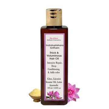 A traditional Ayurvedic ghee formulation infused with Sesame Oil, Lotus, and Licorice for scalp and hair nourishment.Indralupdhara Ghritam