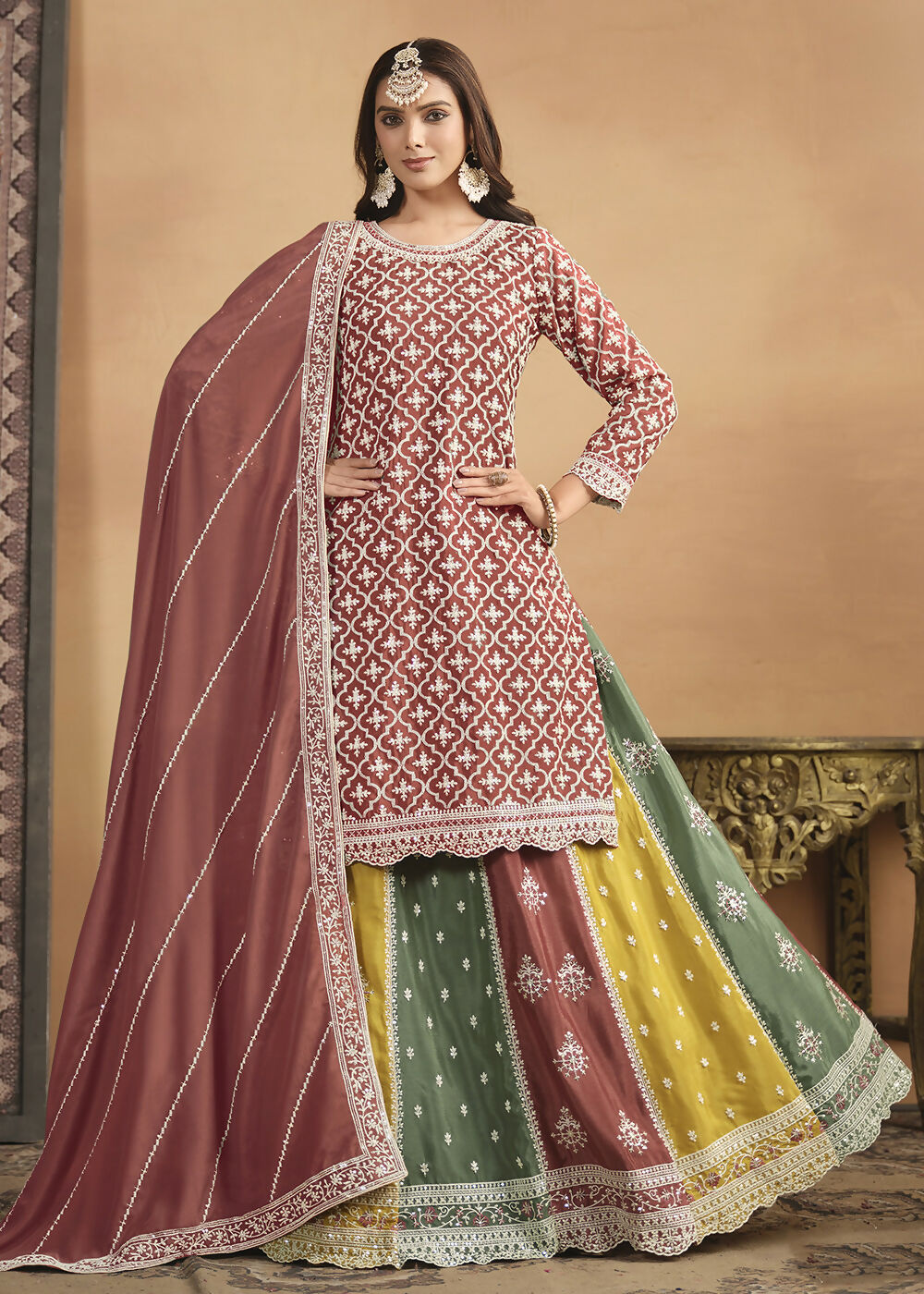 Chinnon Peach Multicolor Embroidered Lehenga Style Suit - Emponline - Distacart