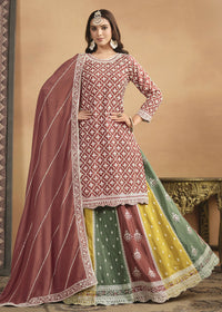 Thumbnail for Chinnon Peach Multicolor Embroidered Lehenga Style Suit - Emponline - Distacart