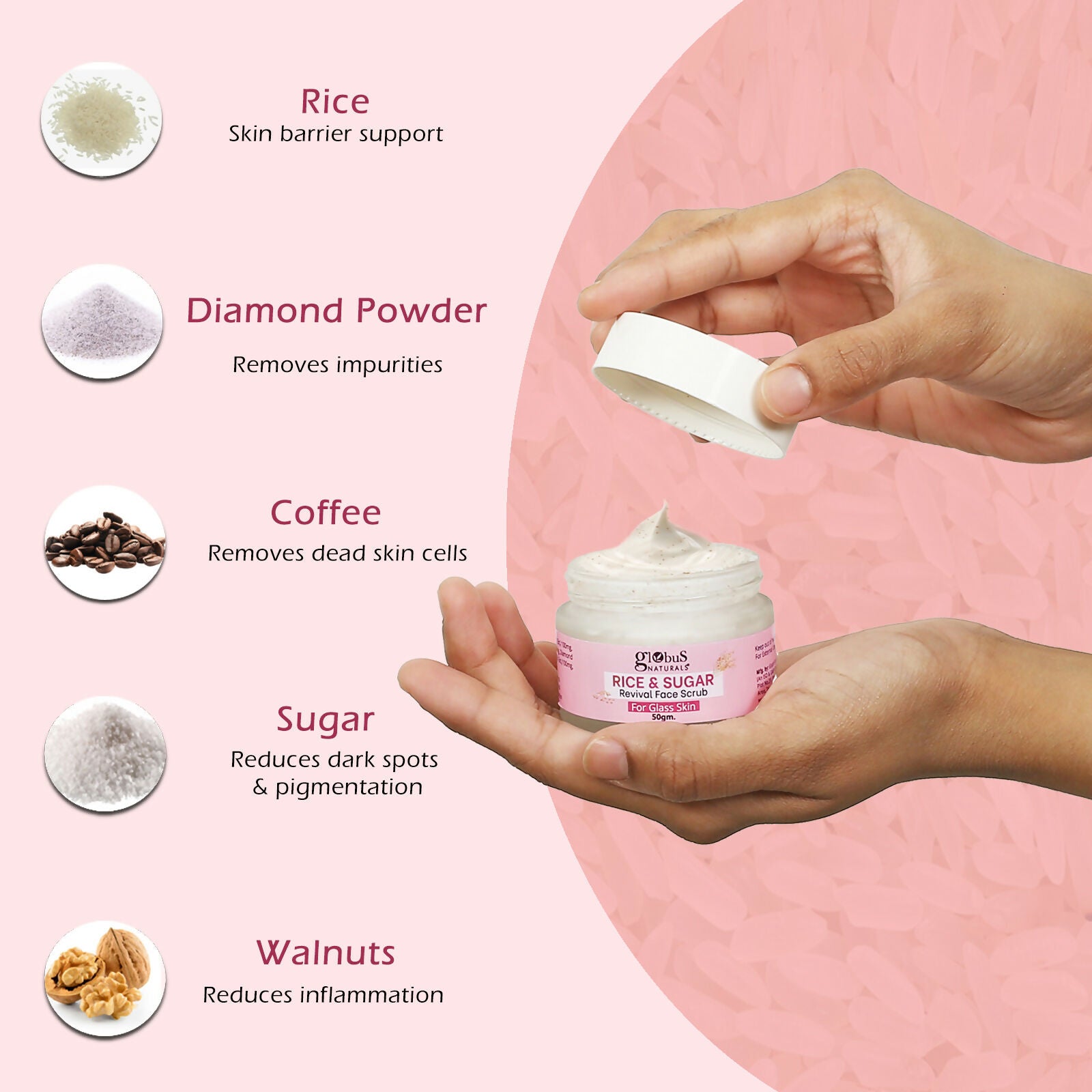 Globus Naturals Rice & Sugar Revival Face Scrub, For Korean Glass Skin
