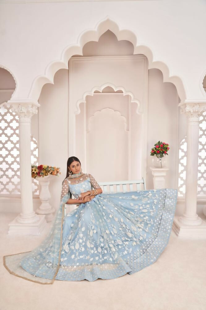 Aastha Fashion Light Sky Butterfly Net White Cotton Thread Work, Zari Work And Sandwich Sequence Work Embroidery Wedding Wear Lehenga Choli - Distacart