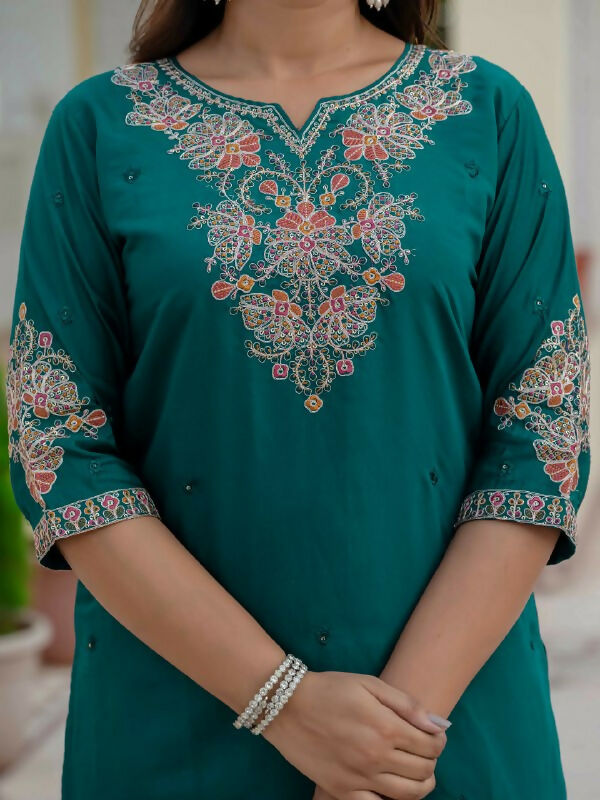 Preksha Creation Wedding Special Premium Roman Silk Coding Embroidery With Sequins Work Kurti Dupatta With Pant