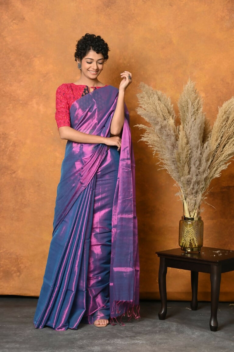Very Much Indian Fusion Cotton Tissue Shimmer Saree - Dual Tone Purple - Distacart