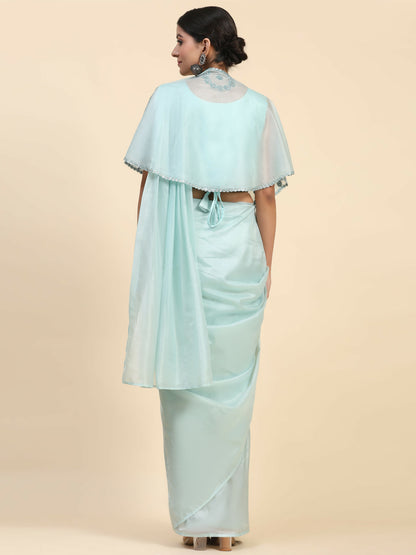 Blue Satin Solid Ready to wear Saree with stitched Blouse - Vanita - Distacart