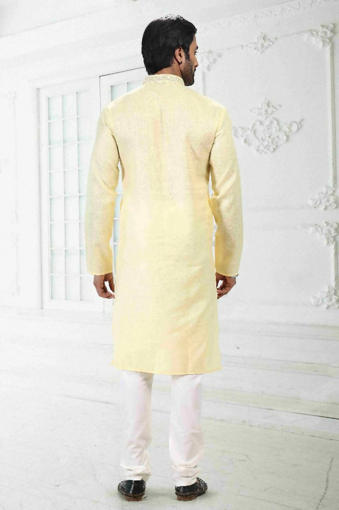Raivat Ethnic Linen Cotton Thread Work Kurta Pajama In Yellow Colour - Dista