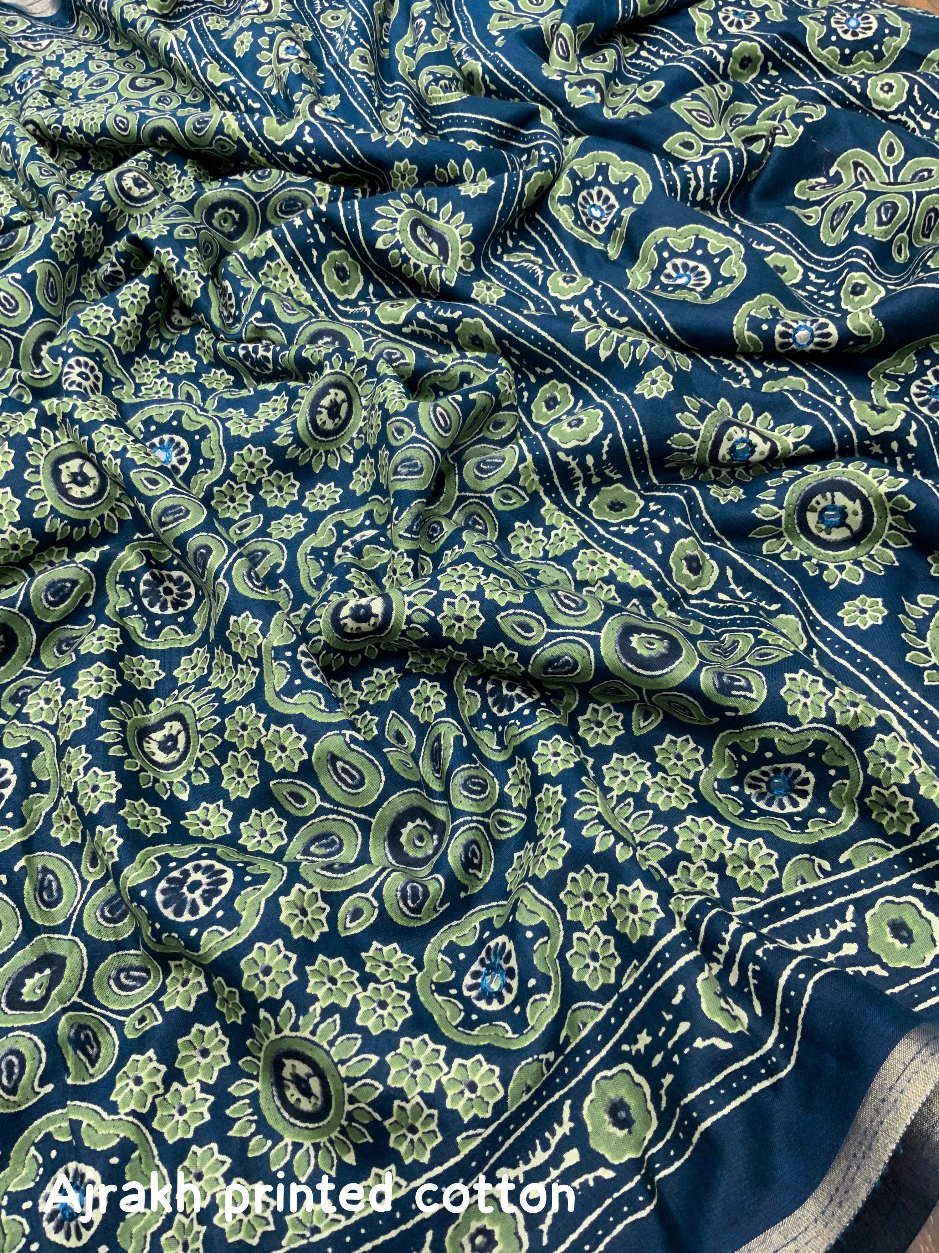 Blue Cotton Blend Ajrak Saree with Unstitched Blouse - Hiral Fashion - Distacart