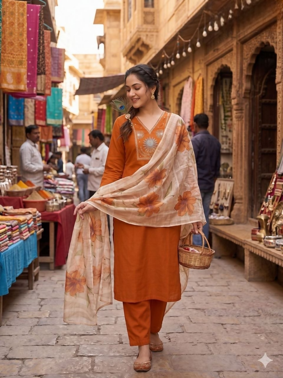 Teeya Creation New Trendy Fancy Premium Silk Fabric Kurta Set - Orange - Dista