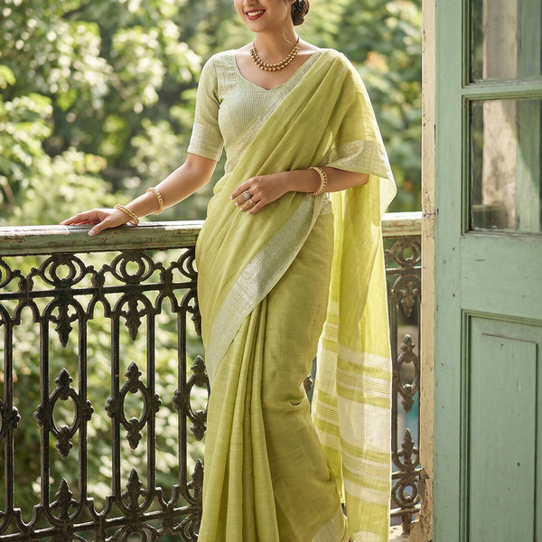 Shree Shyam Fashion Popat Green Linen Saree - Distacart