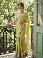 Thumbnail for Shree Shyam Fashion Popat Green Linen Saree - Distacart