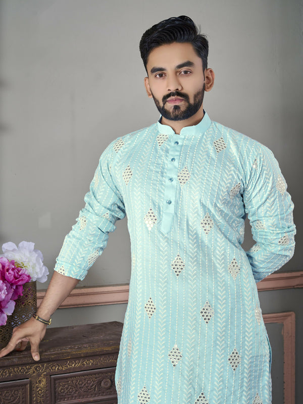 Men's Sky Blue Embroidered Designer Kurta Set by Infinity Export - Distacart