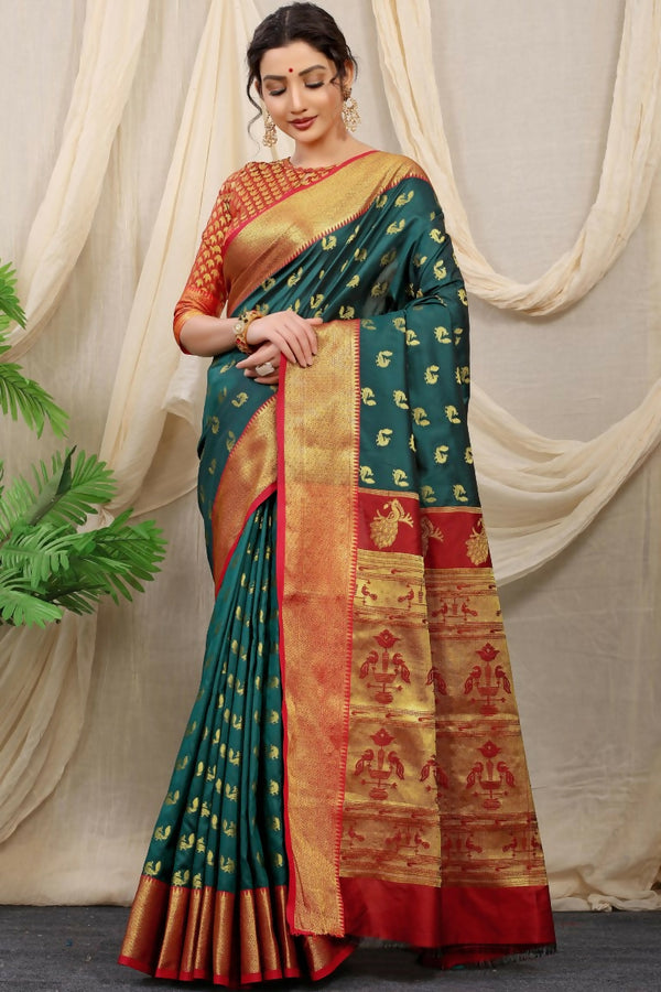 Jyoti Fashion Women's Bottle Green Banarasi Silk Zari Woven Saree with Blouse - Distacart