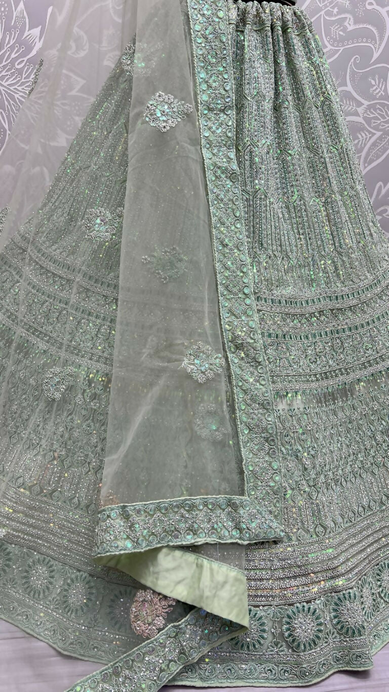 Jyoti Fashion Women's Pista Green Heavy Net Fancy Dori, Multi Thread, Rainbow Sequins and Diamond Work Wedding Lehenga Choli - Distacart
