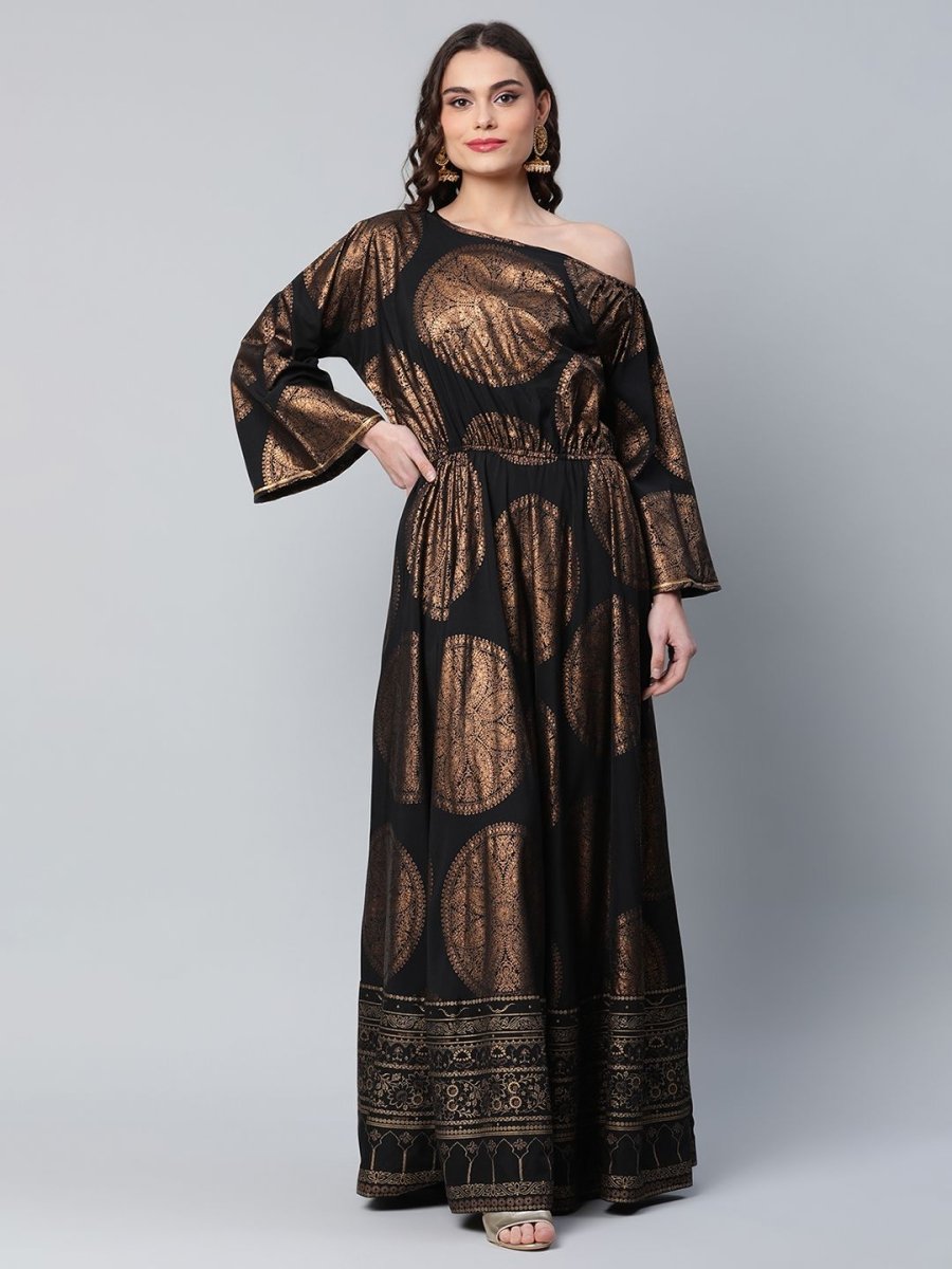 Ahalyaa Womens Black Crepe Copper Foil Printed Maxi Dress - Distacart