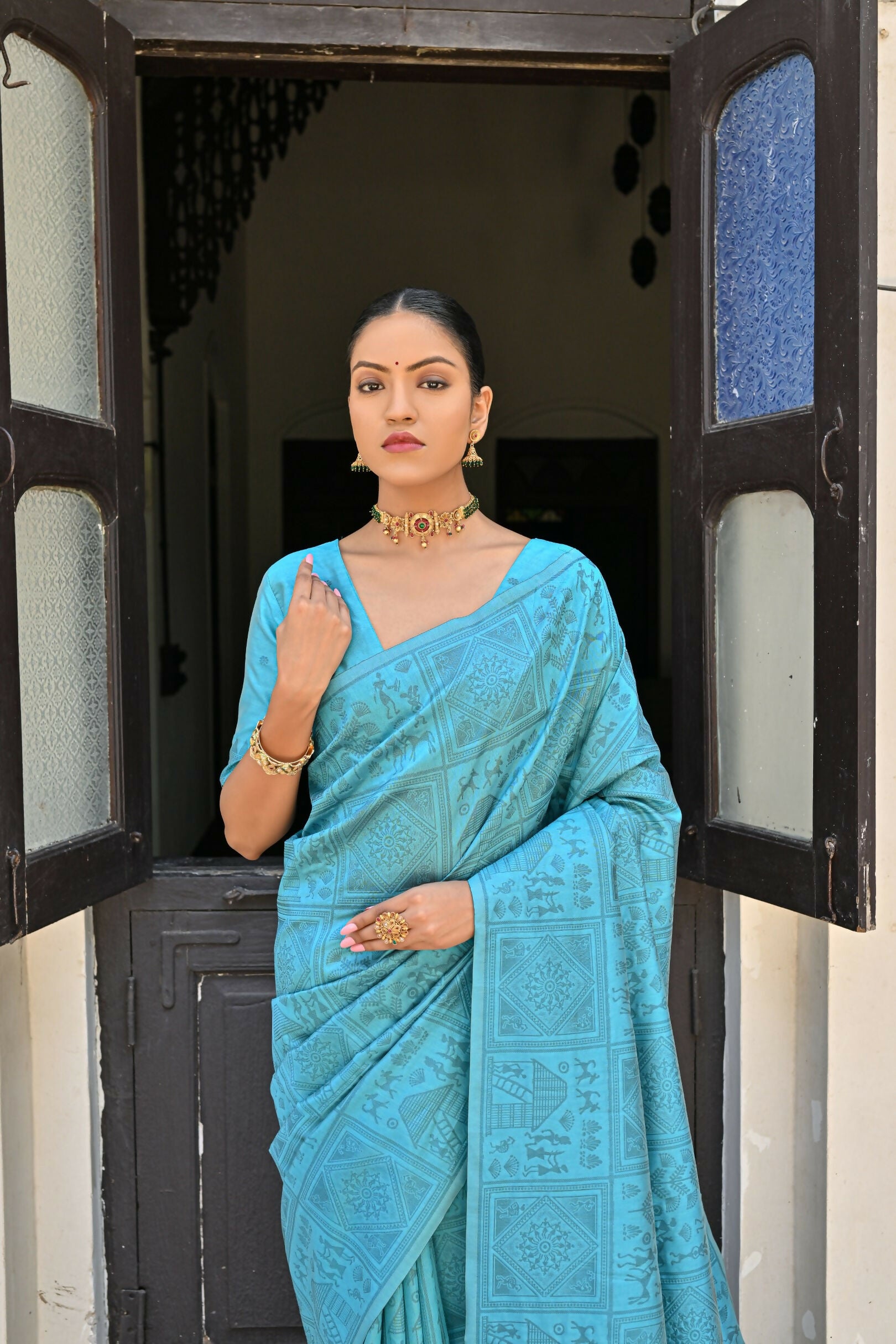 Vishnu Weaves Women's Firozi Handloom Raw Silk Saree with Blouse - Distacart