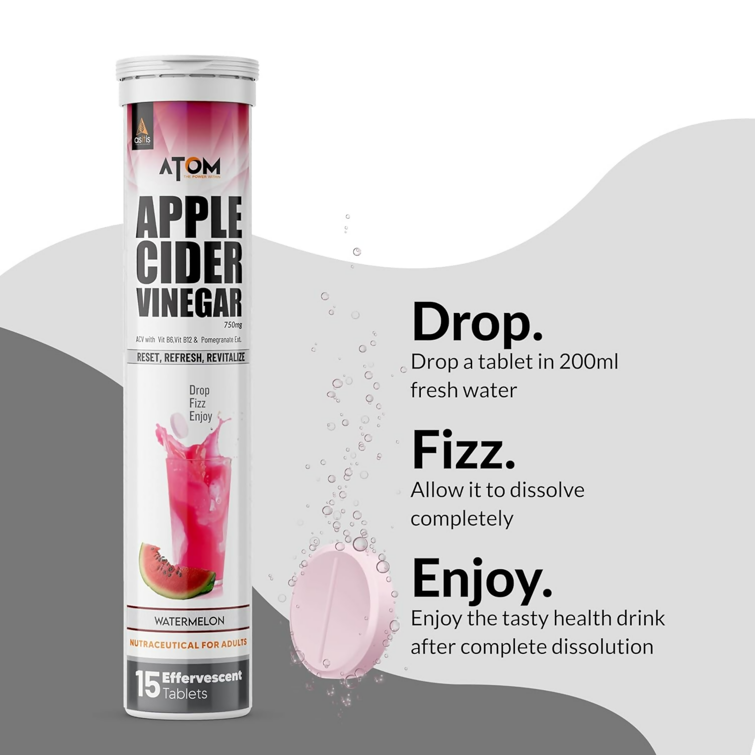 As-It-Is Atom Apple Cider Vinegar Effervescent Tablets Water Melon Flavor For Weight Loss