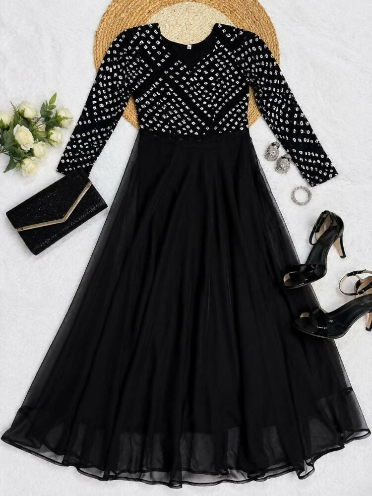 Teeya Creation Women's Black Bandhani Print Anarkali Gown - Dista