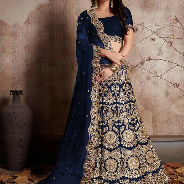 Jyoti Fashion Mesmerizing Navy Blue Sequins Embroidered Velvet Lehenga Choli with Dupatta - Distacart