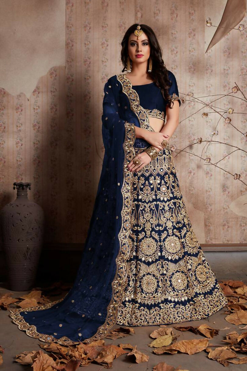 Jyoti Fashion Mesmerizing Navy Blue Sequins Embroidered Velvet Lehenga Choli with Dupatta - Distacart