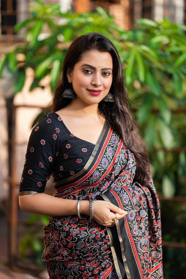 Black Cotton Blend Ajrak Saree with Unstitched Blouse - Hiral Fashion - Distacart