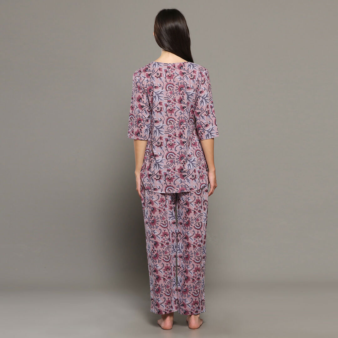 Breathables Women Cotton Printed Loungewear Kurta And Pants Co-Ord Set Pink I Night Wear | Floral Print - Dista