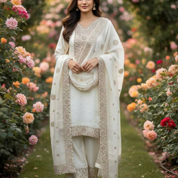Teeya Creation White Color Fendy Silk Embroidery Work Wedding Wear Salwar Suit - Distacart