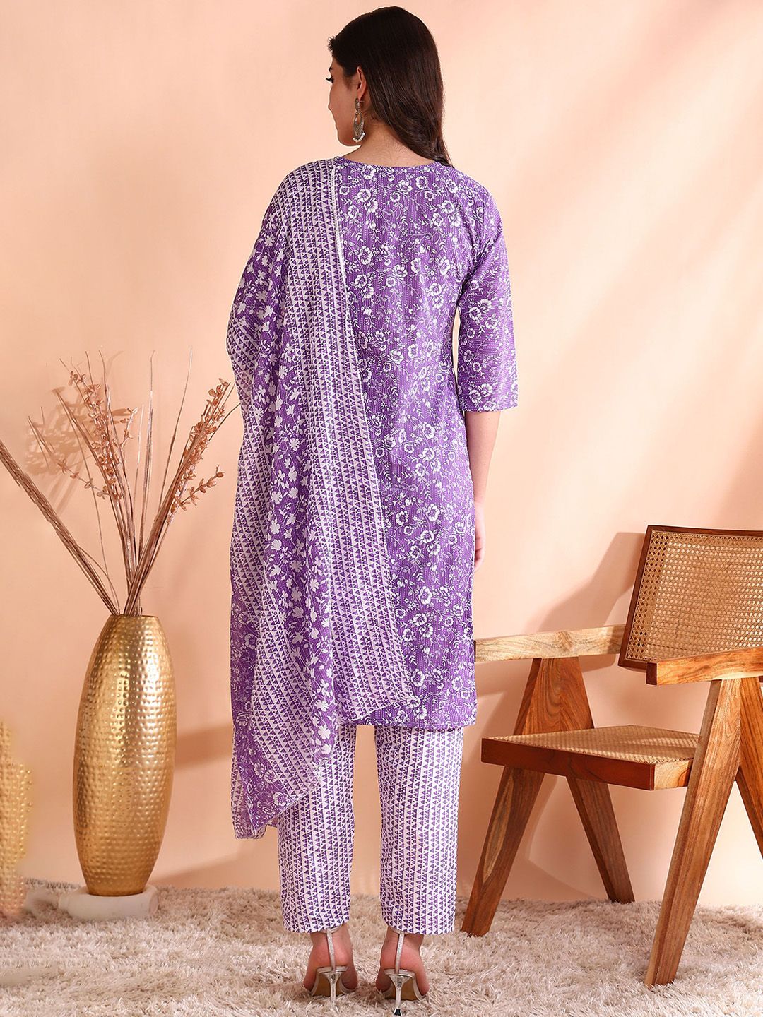 Ode by House of Pataudi Printed Mirror Work Pure Cotton Kurta With Trouser & Dupatta - Distacart