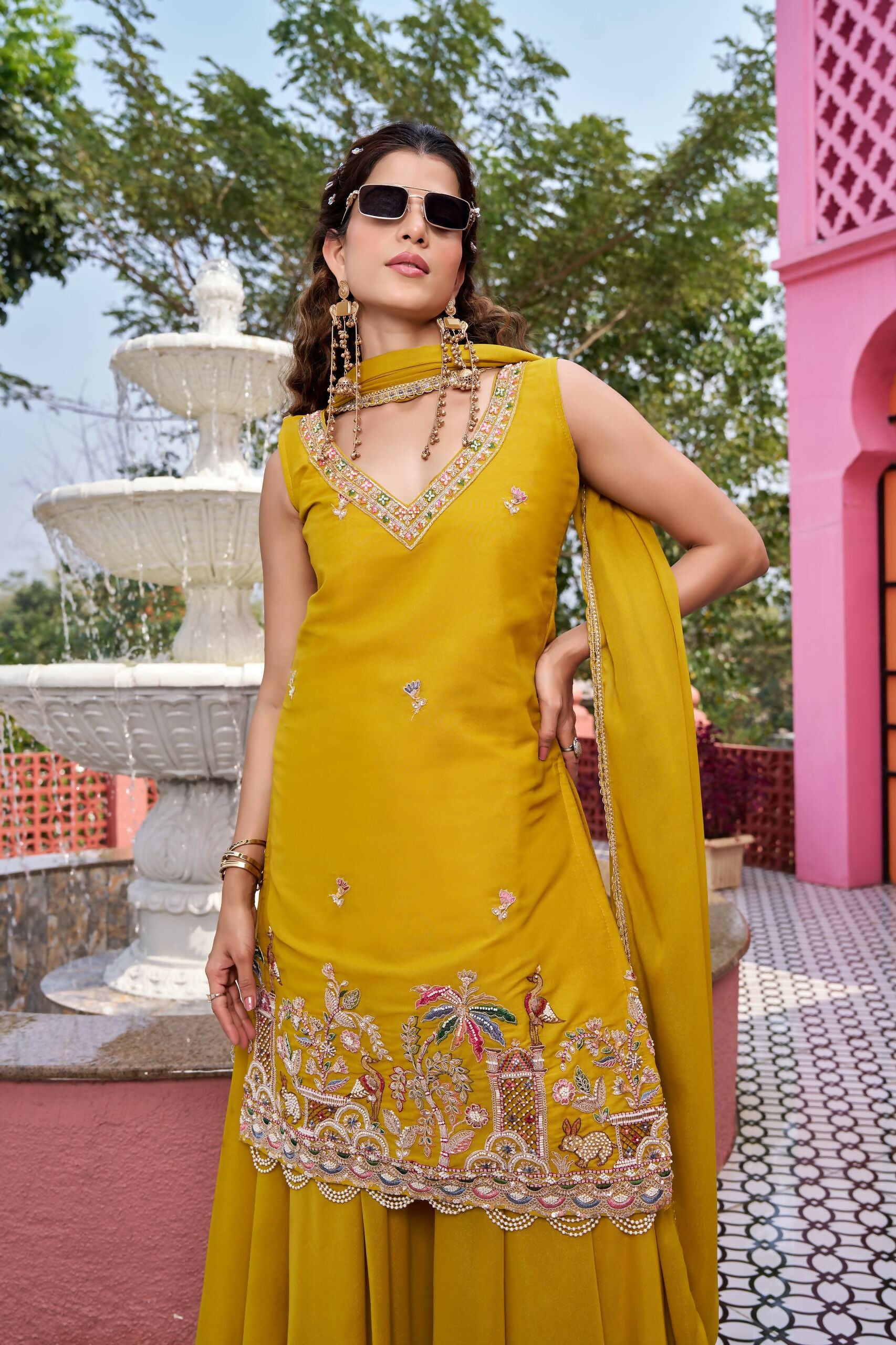 Teeya Creation Womens New Stylish Moti Beads With Cording Sequence Thread Embroidery Work Yellow Kurta Set - Dista