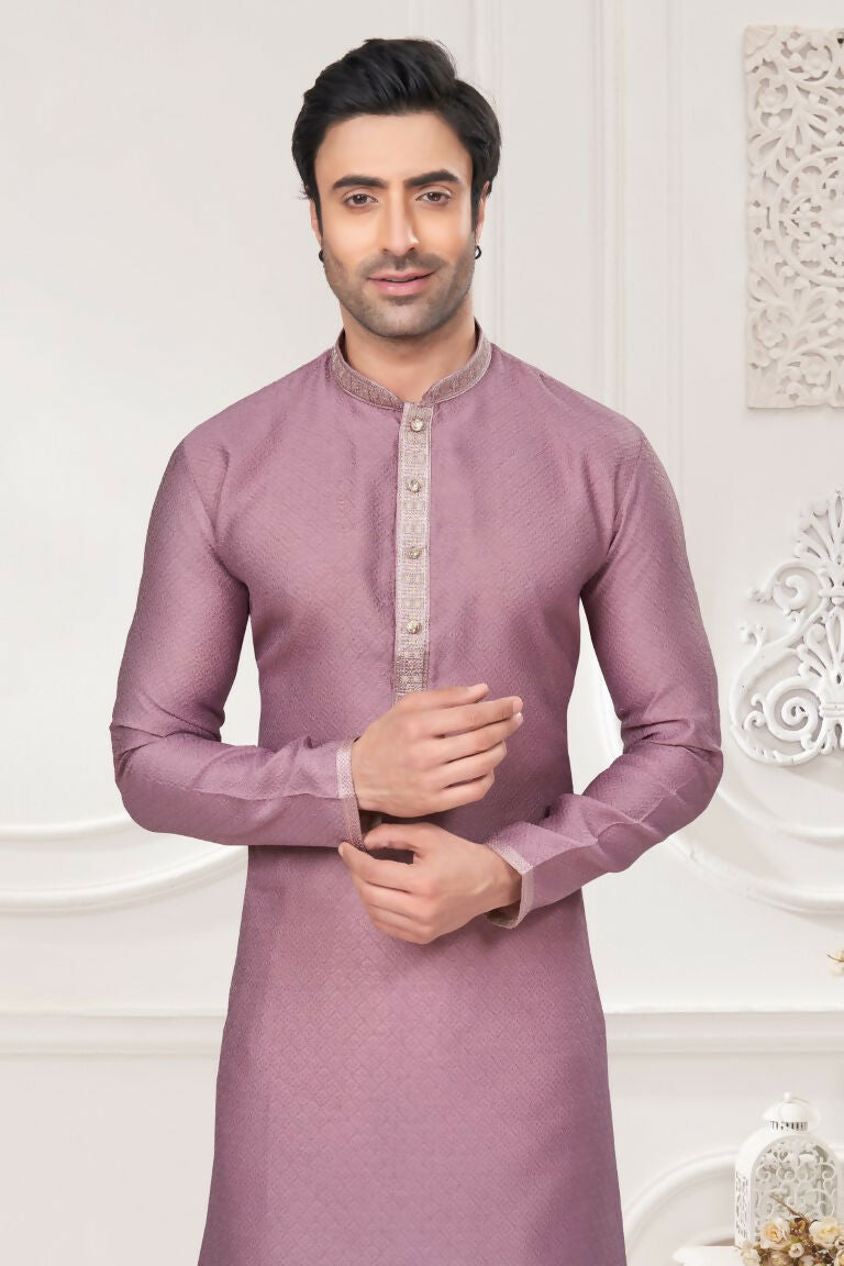 Functional Designer Men's Light Purple Jacquard Kurta With Pant - Rudra - Distacart