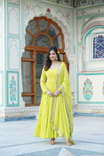 Thumbnail for Aastha Fashion Women's Parrot Green Faux Georgette 5 Layer Frill Work Anarkali Dress with Dupatta - Distacart