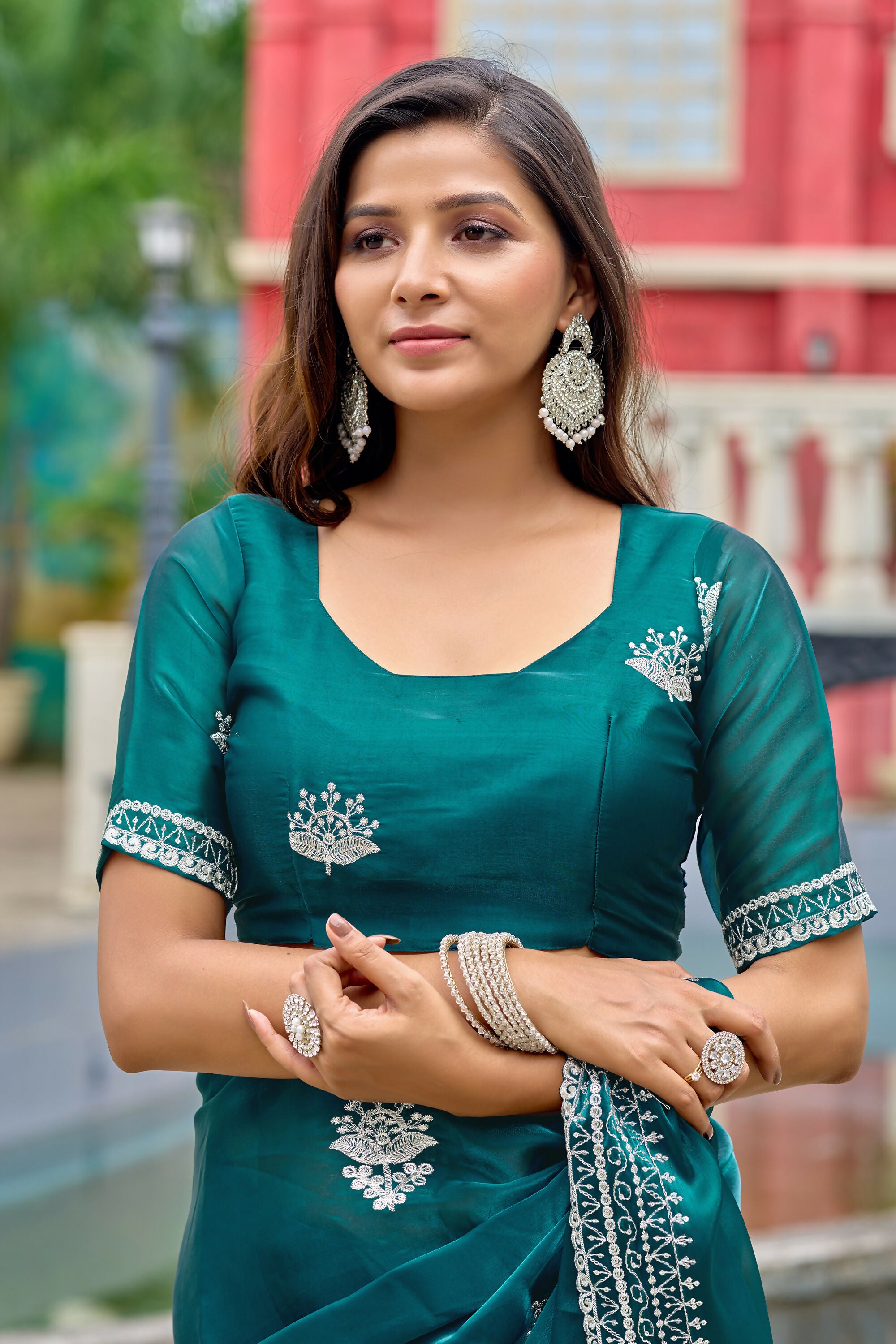 Vastranavya Rama Embroidery Work Shimmer Chiffon Saree with Unstitched Blouse