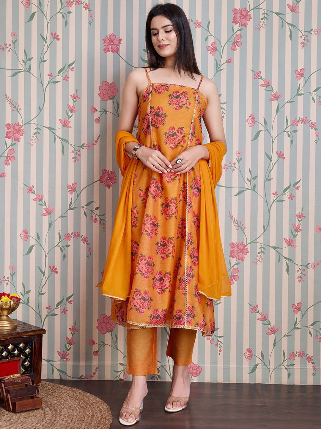 Ode by House of Pataudi Printed Pure Cotton Anarkali Kurta with Trousers & With Dupatta - Distacart