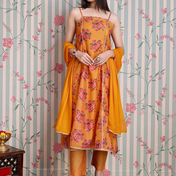 Ode by House of Pataudi Printed Pure Cotton Anarkali Kurta with Trousers & With Dupatta - Distacart