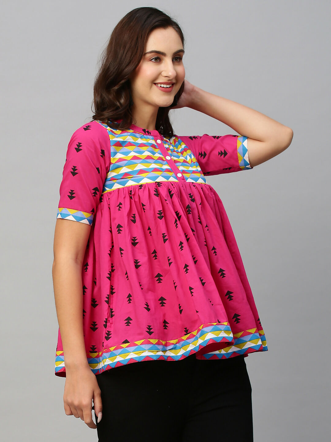 Pink & Black Pure Cotton Printed A-Line Top - Bosky - Distacart