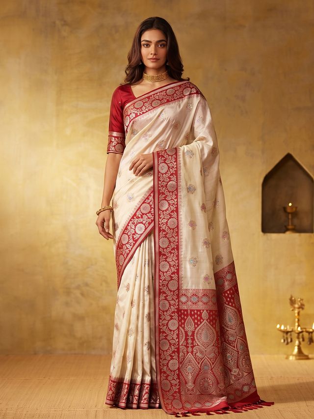 Shree Shyam Fashion White Zari Work Silk Blend Woven Design Festive Wear Saree With Blouse
