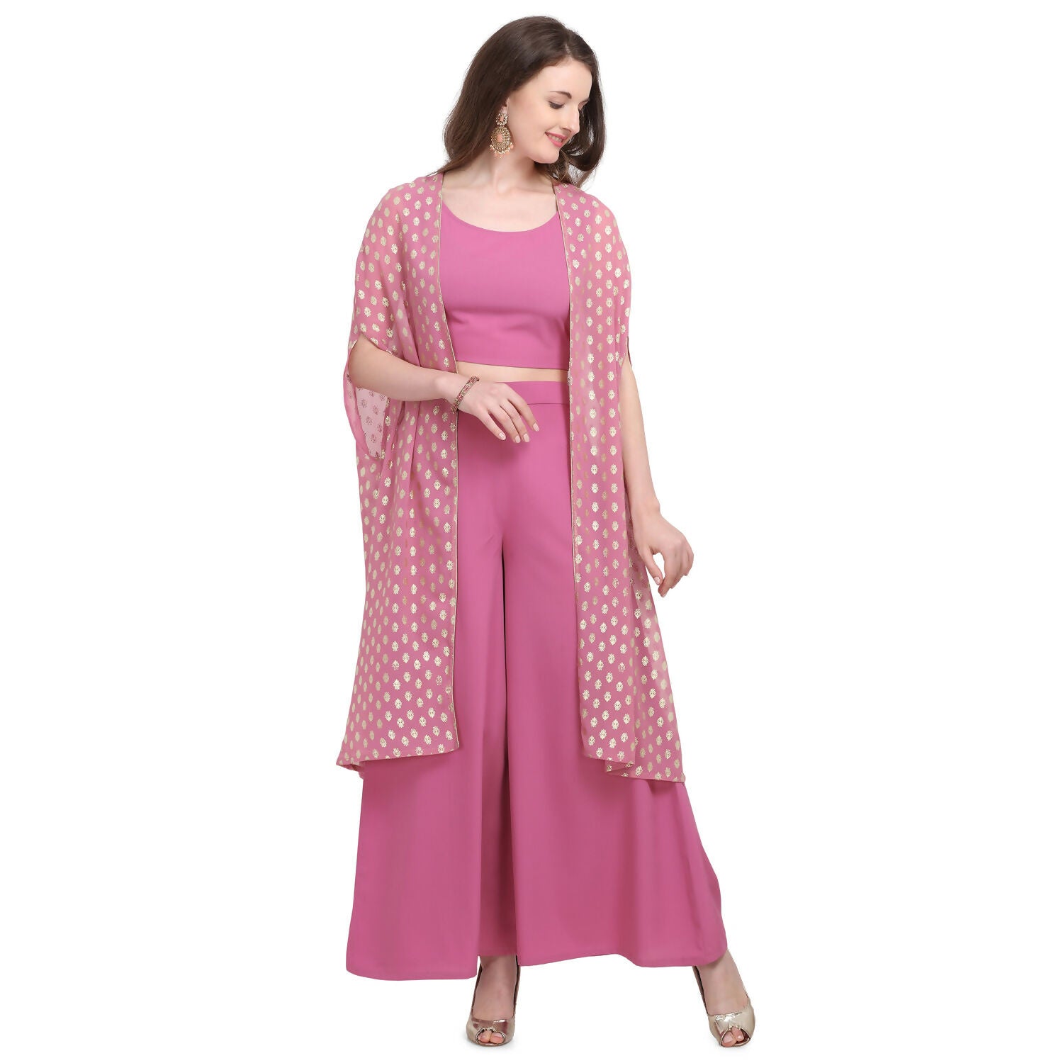 Vamika Crepe Rubber Print Pink Party Wear/Casual Wear/Office Wear Top Plazzo With Shrug - Distacart